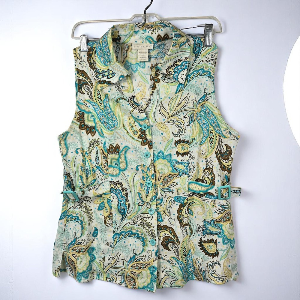 Tweeds Linen Vest Sleeveless Button Down Paisley Print Belted Waist Woman Small